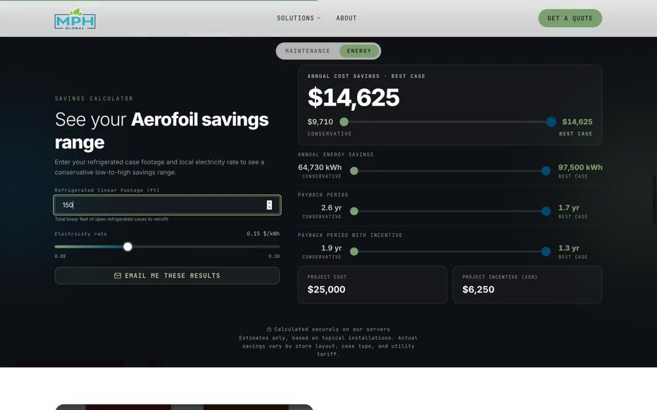 The Aerofoil savings calculator on mphglobal.com.